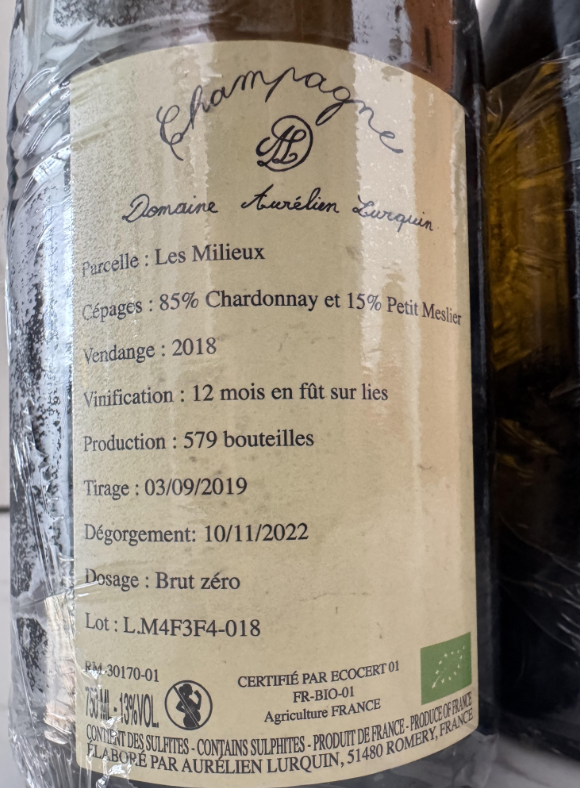(image for) Aurélien Lurquin Champagne Les Milieux 2018 [CT 94.3] [WAS: $420++]